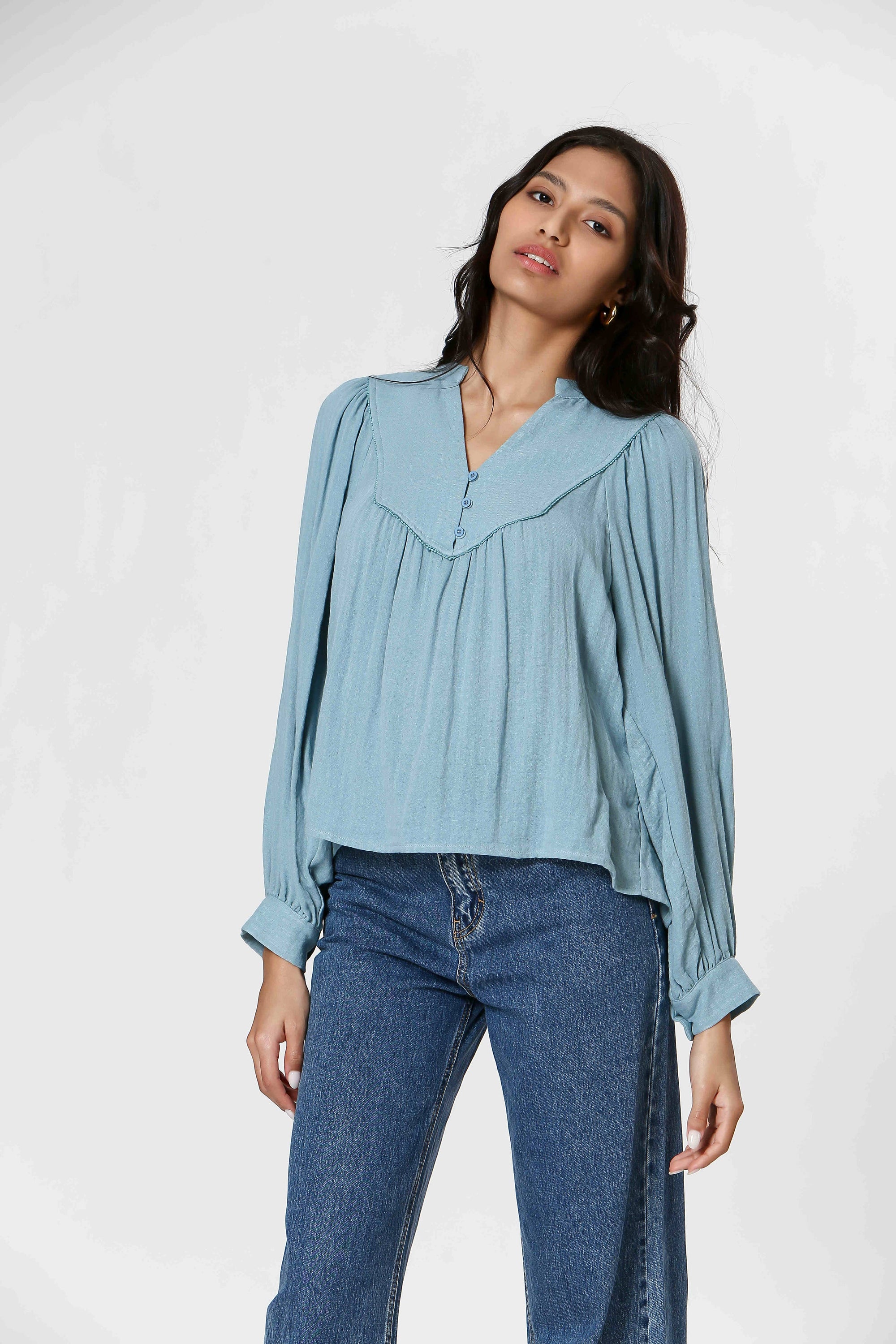 Ladies Half Button Long Sleeve Cotton Blouse