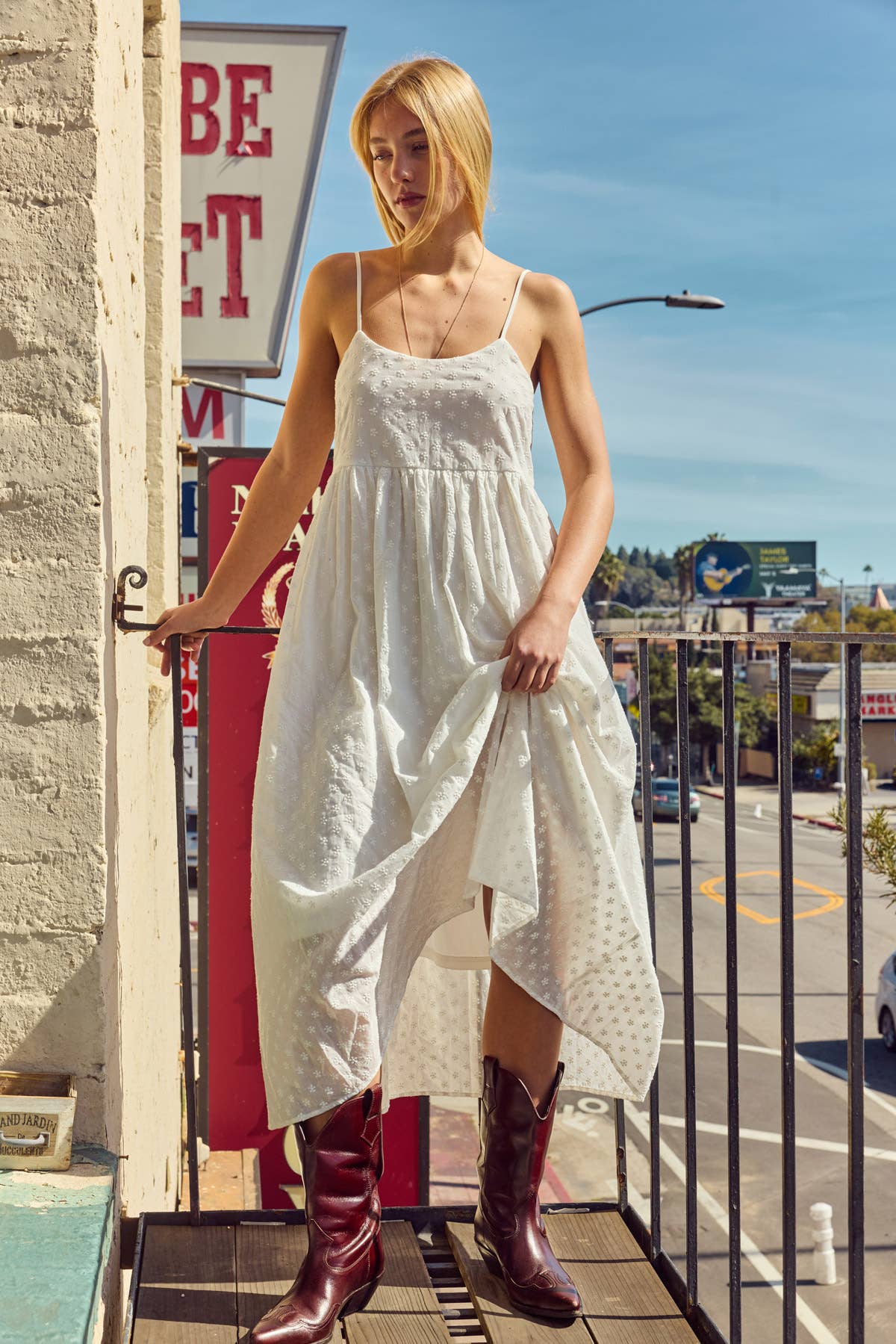 Embroidered Cotton Drawstring Tie Back Midi Dress