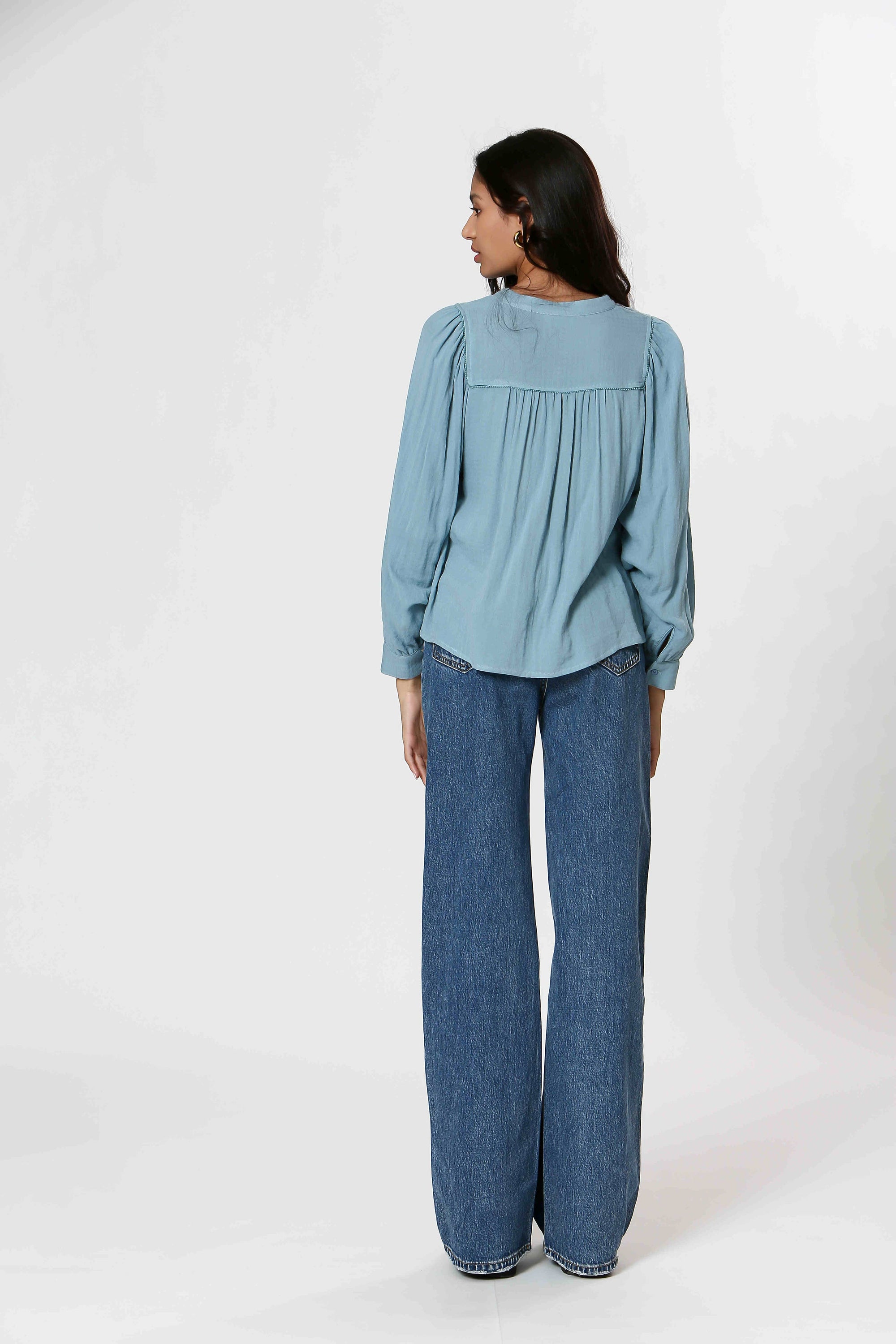 Ladies Half Button Long Sleeve Cotton Blouse