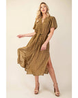 Striped Mandarin Collar Midi Dress with Drawstring