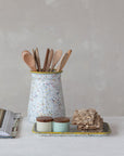 Enameled Metal Splatterware Crock with Yellow Rim