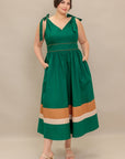 FOREST CHARM WOVEN COLOR BLOCKED MIDI DRESS