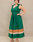 FOREST CHARM WOVEN COLOR BLOCKED MIDI DRESS