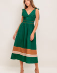 FOREST CHARM WOVEN COLOR BLOCKED MIDI DRESS