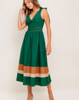 FOREST CHARM WOVEN COLOR BLOCKED MIDI DRESS