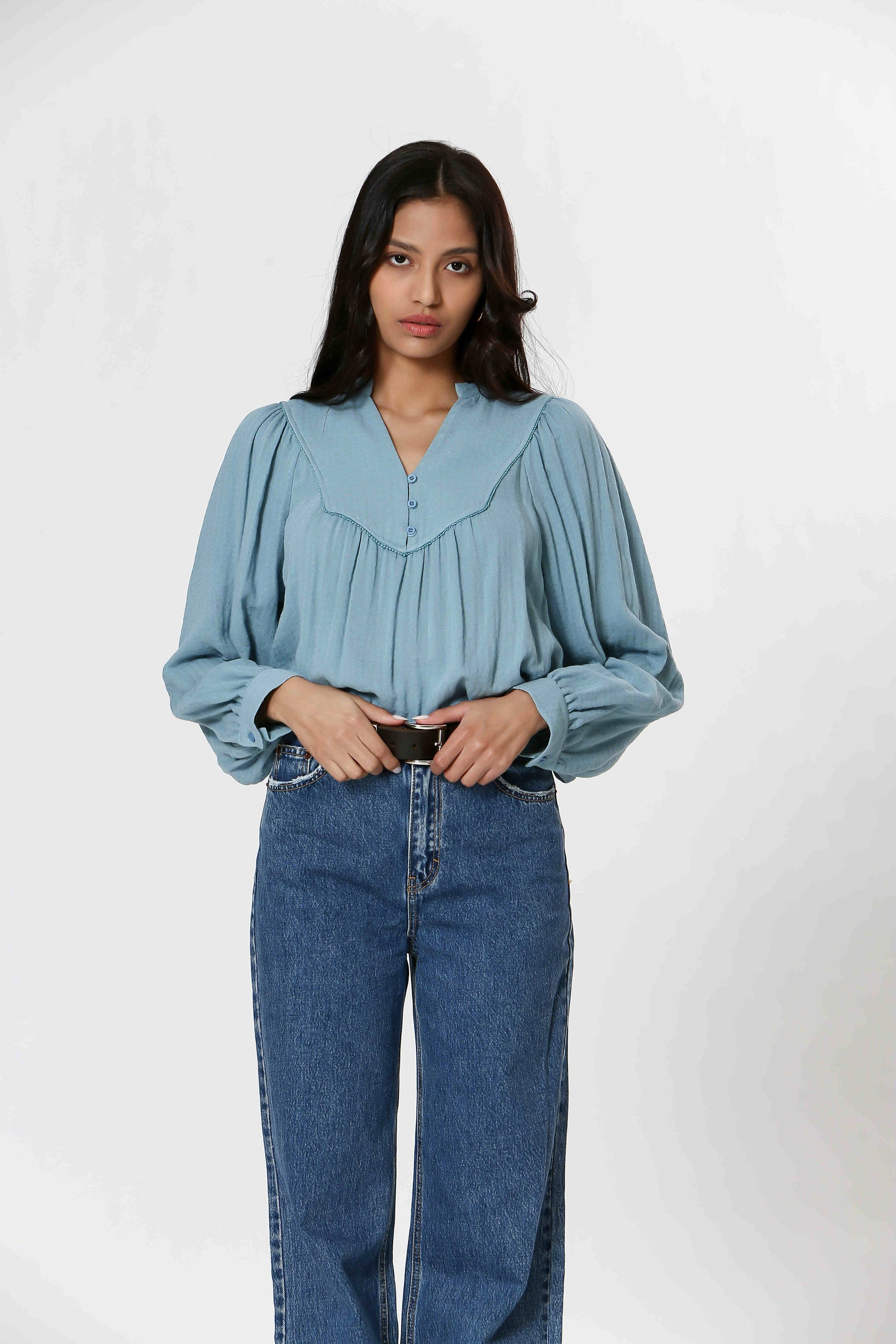 Ladies Half Button Long Sleeve Cotton Blouse
