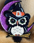 Witchy Owl, Sliding enamel pin with glitter