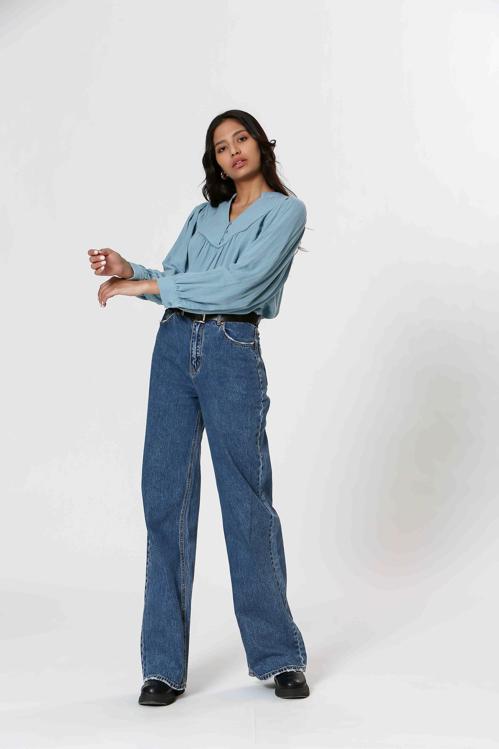 Ladies Half Button Long Sleeve Cotton Blouse