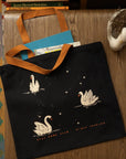 Night Swans Flat Tote | Black Canvas Tote Bag