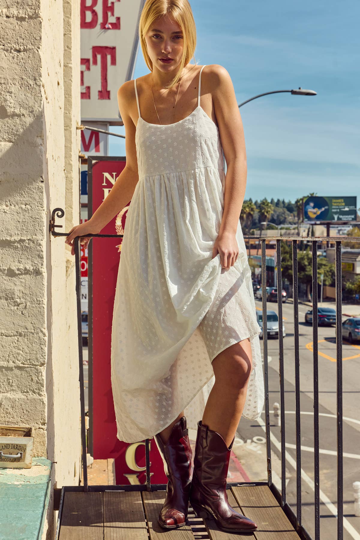 Embroidered Cotton Drawstring Tie Back Midi Dress