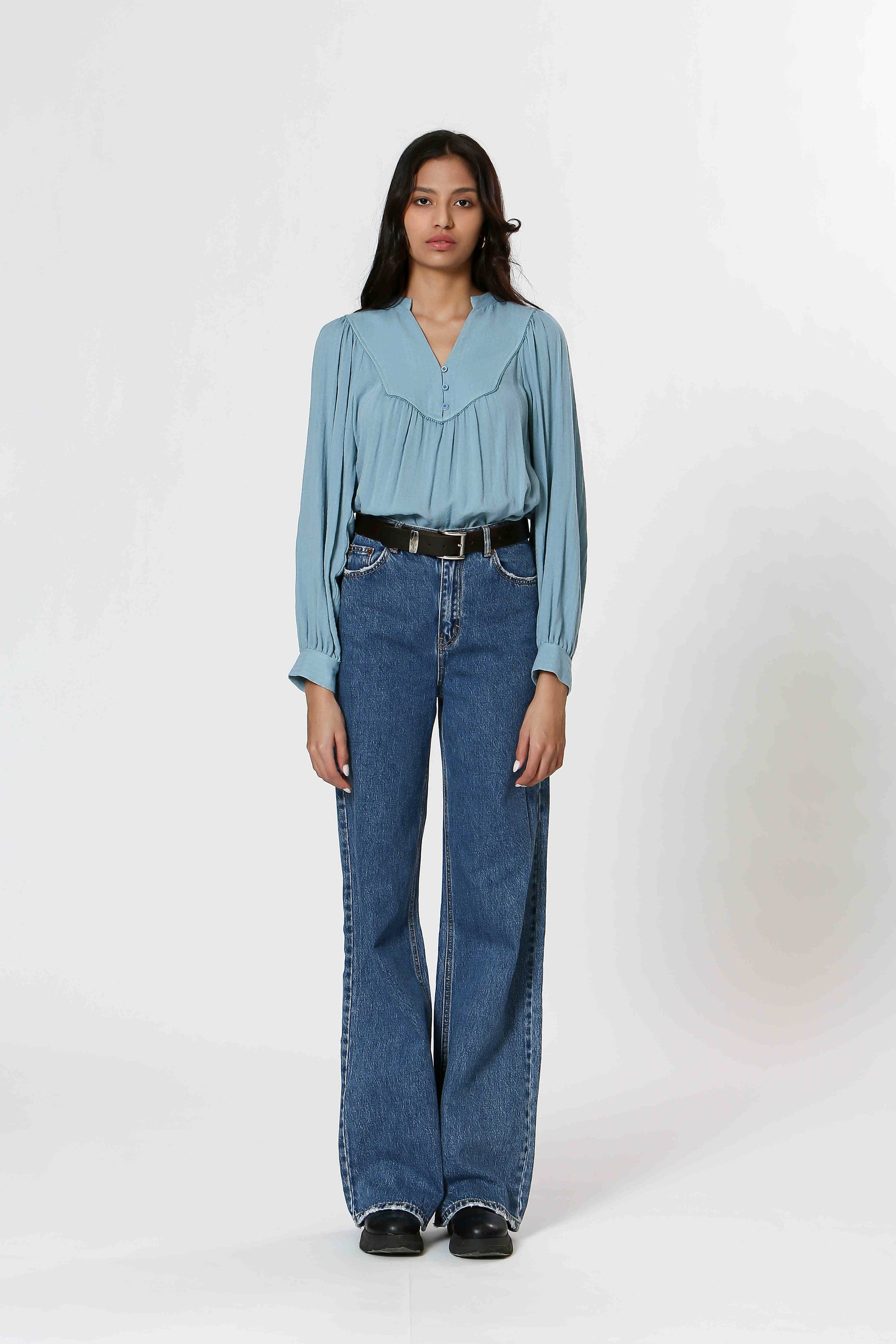 Ladies Half Button Long Sleeve Cotton Blouse