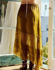Lace Trim Asymmetrical Hem Satin Midi Skirt