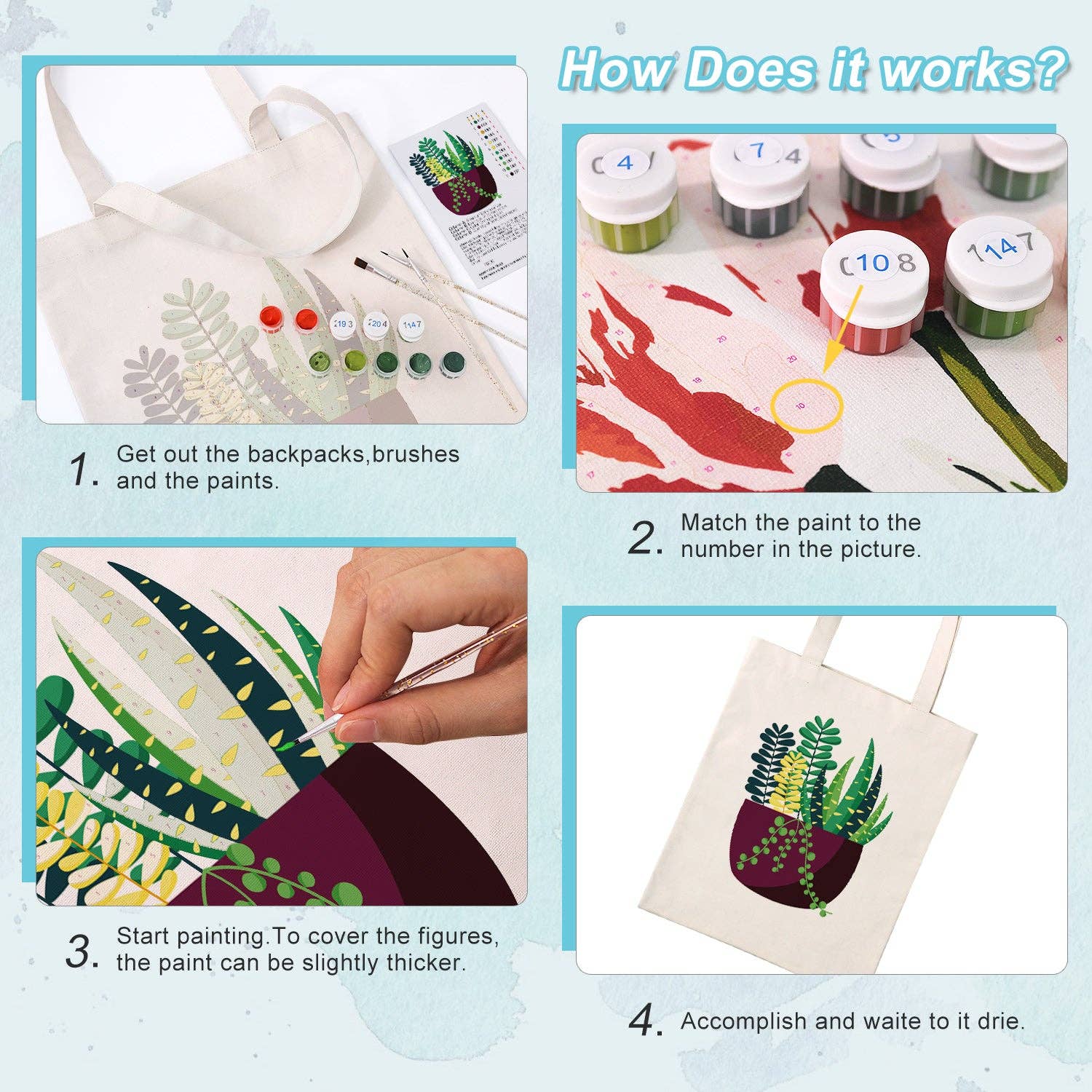 Paint Your Numbers - Succulent Garden Tote Paint by Numbers Kit