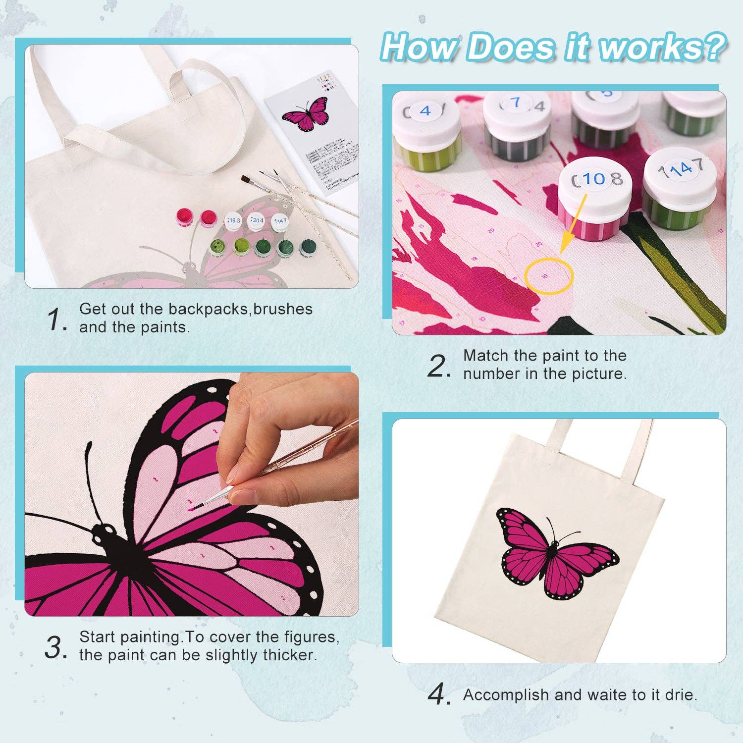 Paint Your Numbers - Pink Flutter Tote Paint by Numbers Kit