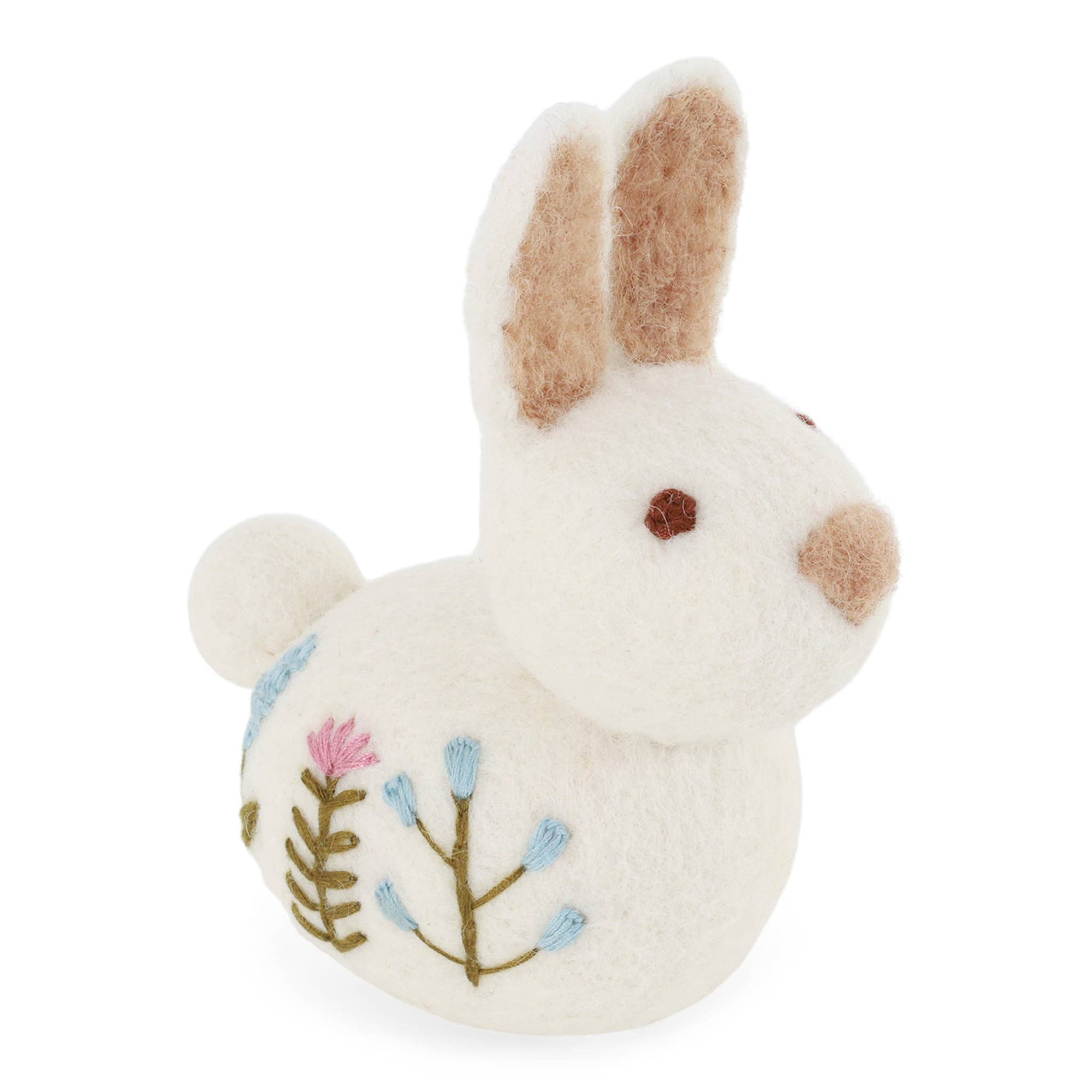 Sitting Bunny with Flower Embroidery - White