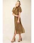 Striped Mandarin Collar Midi Dress with Drawstring