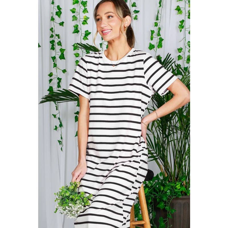 Striped Short Sleeve Maxi Dress with Side Slit