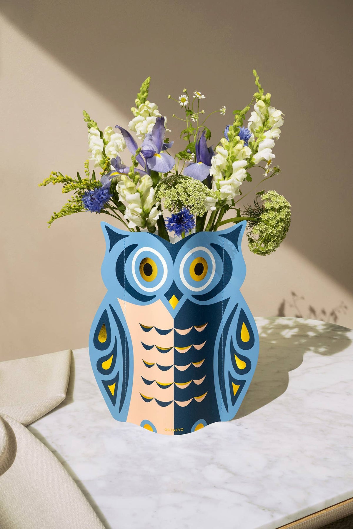 Owl Paper Vase | Blue, Peach &amp; Gold | Fall Christmas &amp; Luck