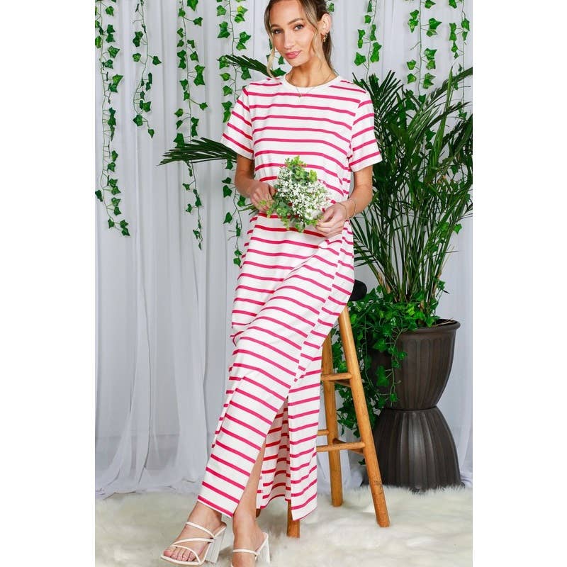 Striped Short Sleeve Maxi Dress with Side Slit