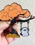 Ghost on a Swing, moving enamel pin with glitter