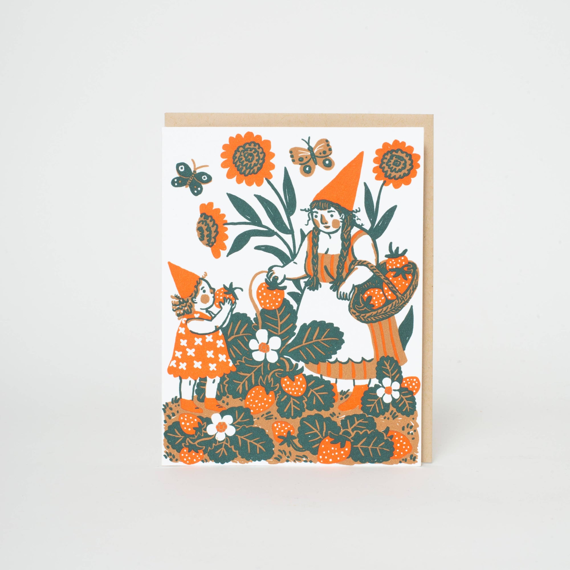Strawberry Picking Gnome Letterpress Greeting Card by Phoebe Wahl