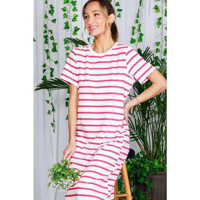 Striped Short Sleeve Maxi Dress with Side Slit