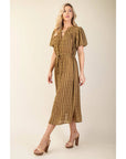 Striped Mandarin Collar Midi Dress with Drawstring