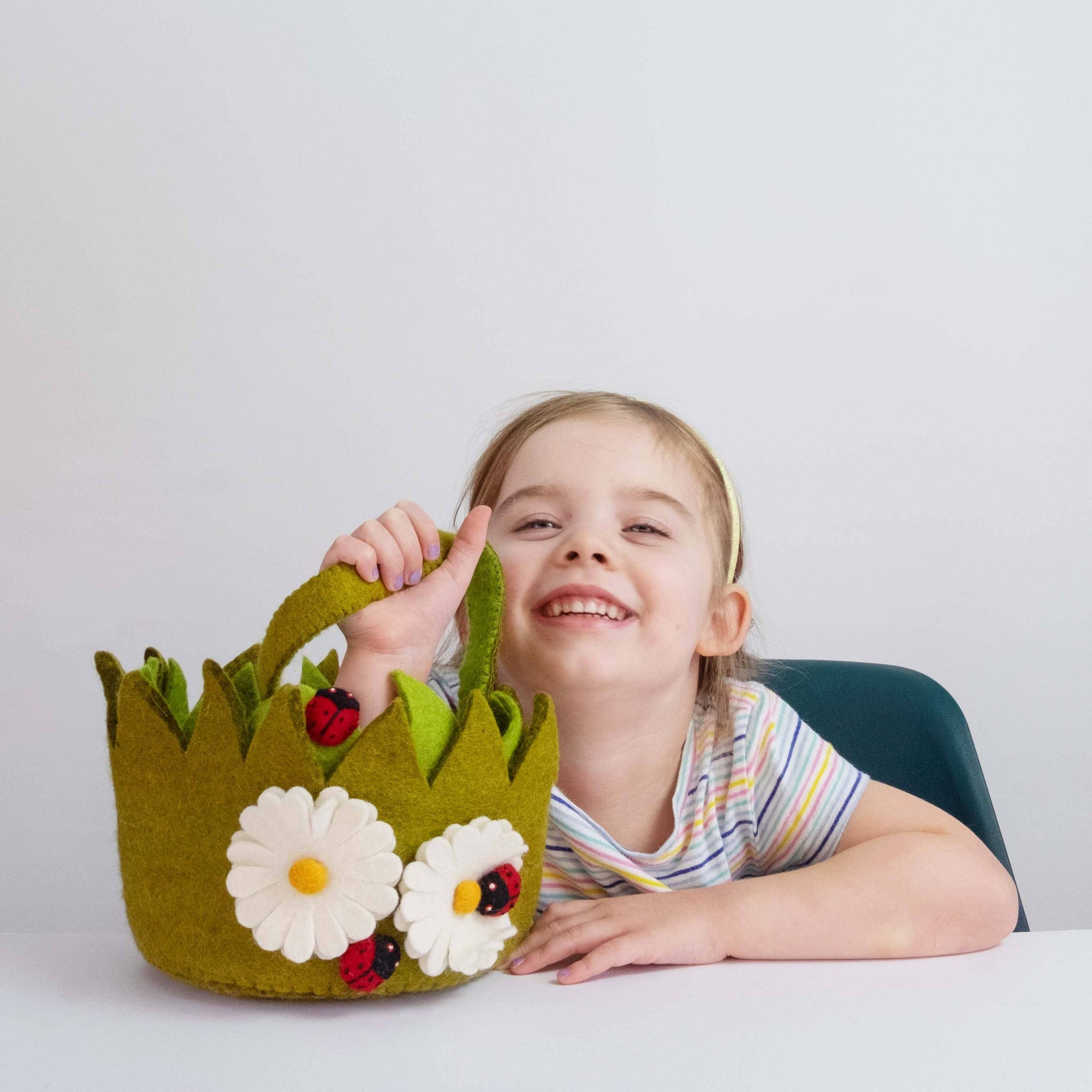 Easter Decor - Felt Easter Basket with Daisies and Ladybugs