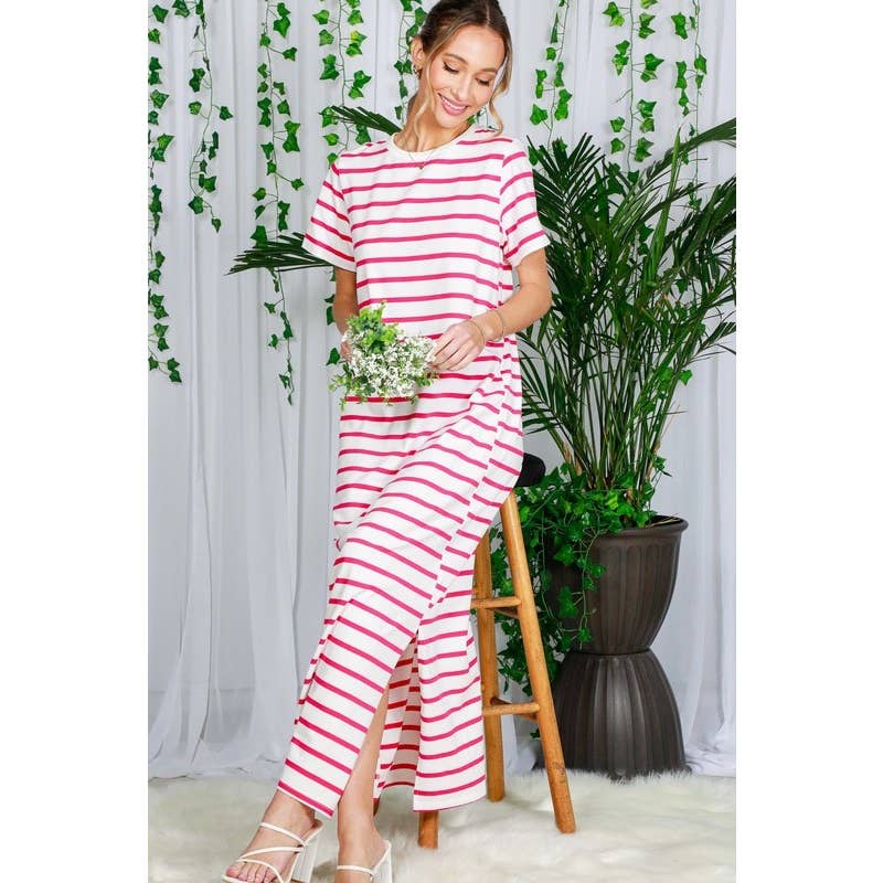 Striped Short Sleeve Maxi Dress with Side Slit
