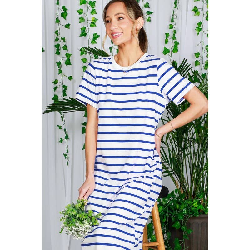 Striped Short Sleeve Maxi Dress with Side Slit