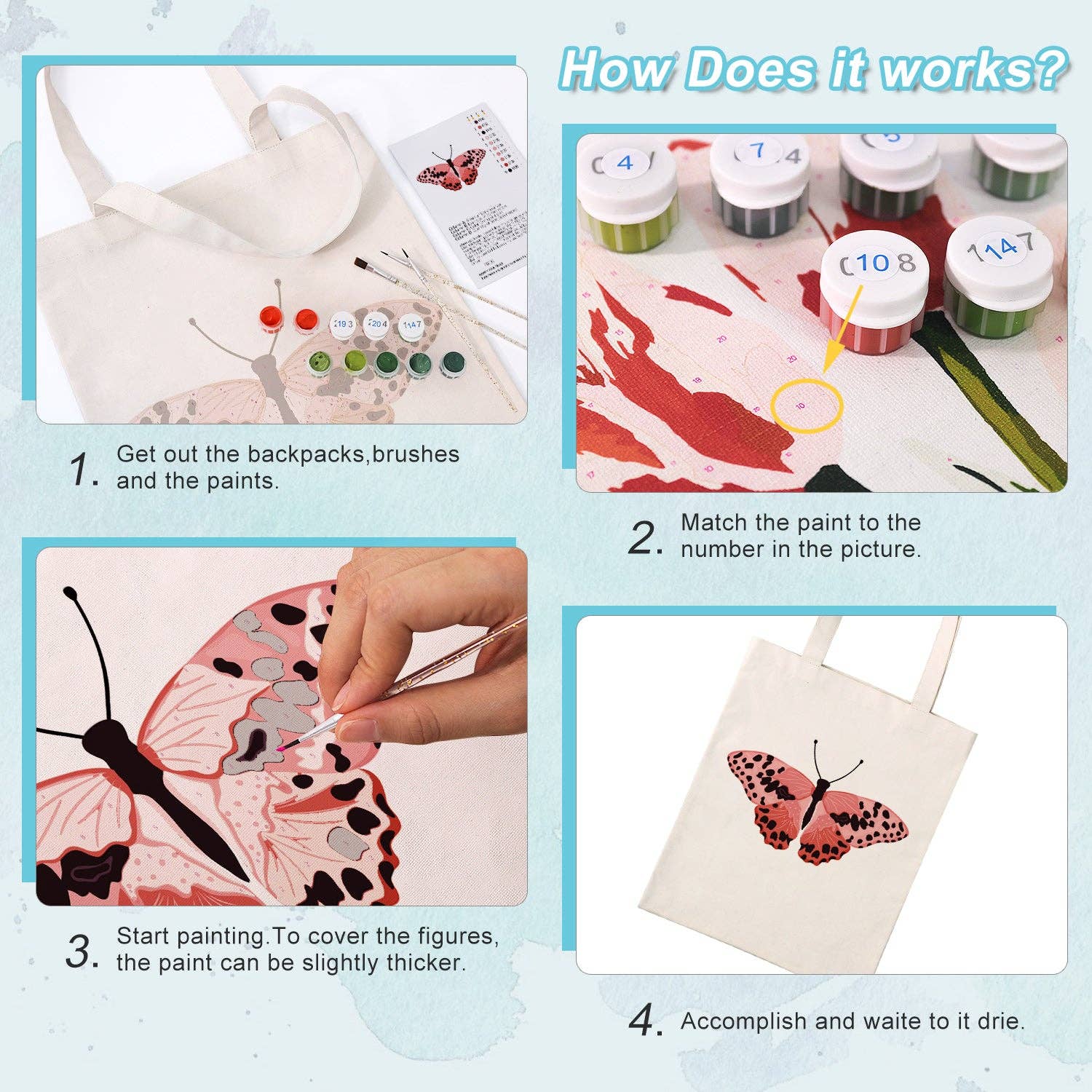 Paint Your Numbers - Blush Flutter Tote – Pink Butterfly Edition Paint by Numbers Kit