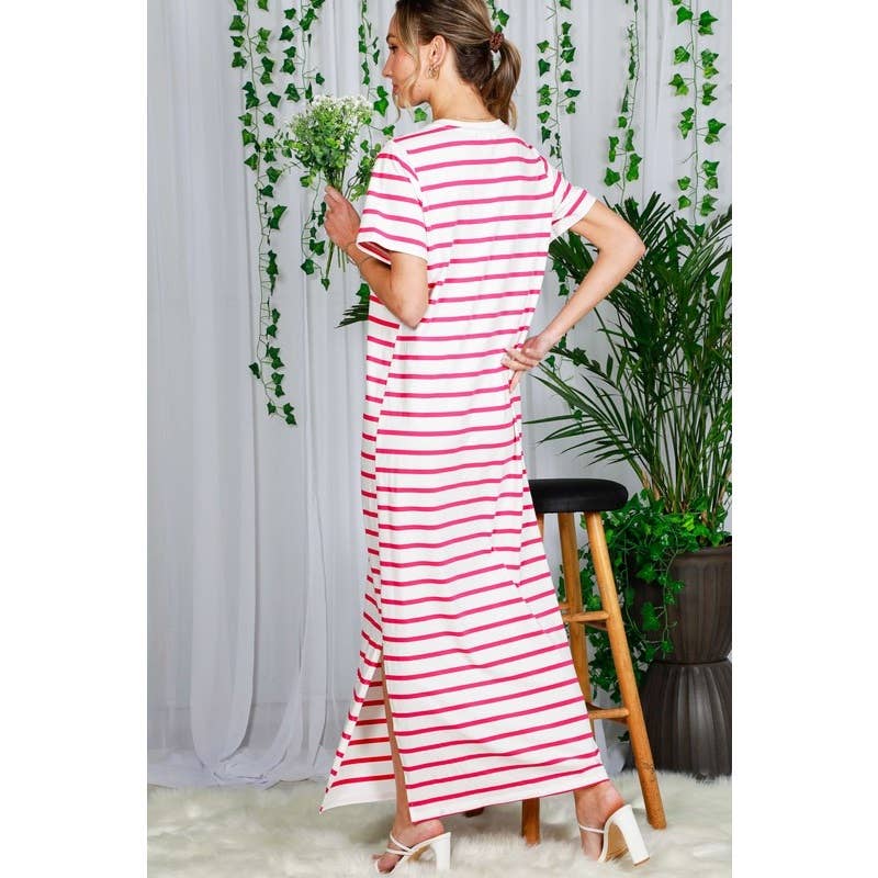 Striped Short Sleeve Maxi Dress with Side Slit