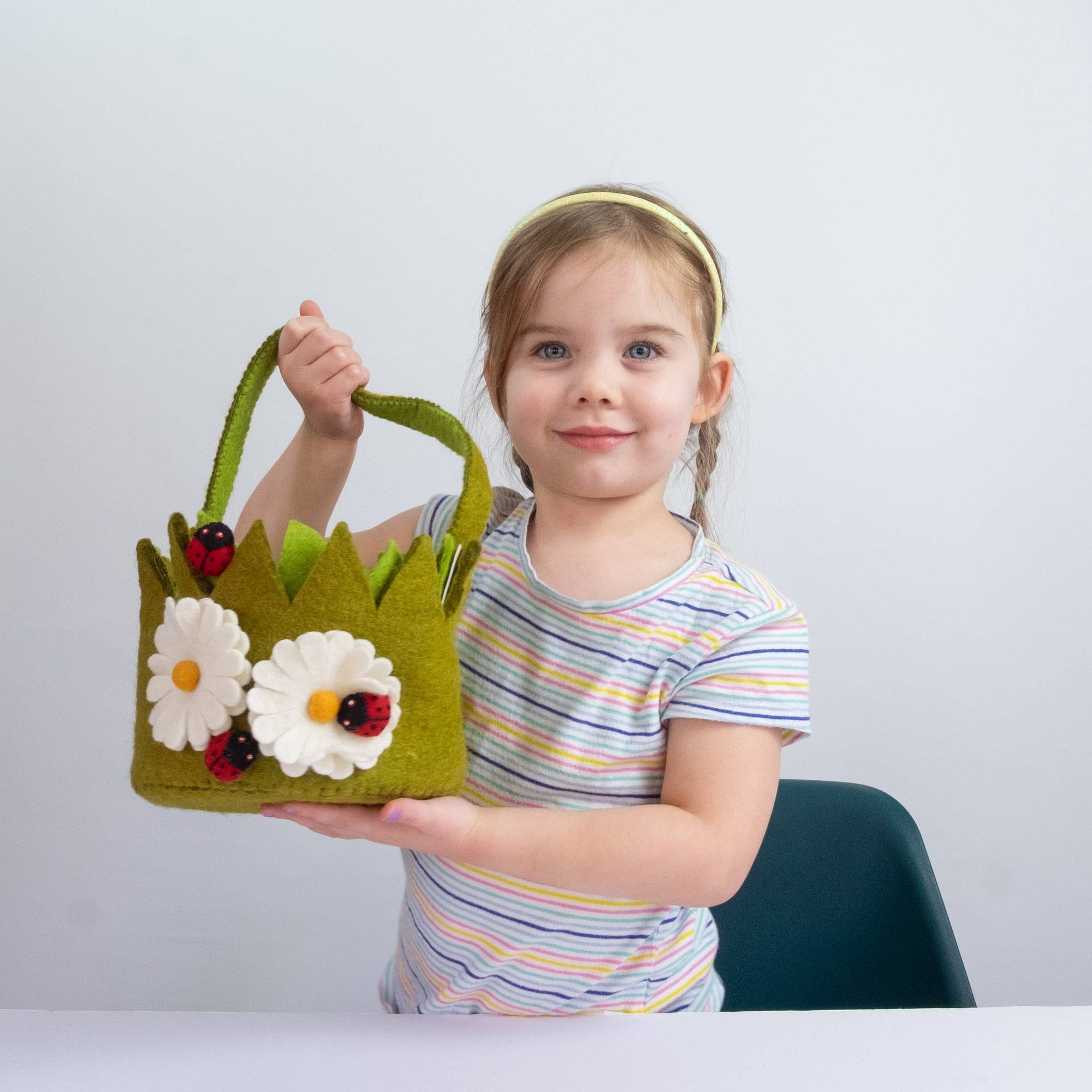 Easter Decor - Felt Easter Basket with Daisies and Ladybugs