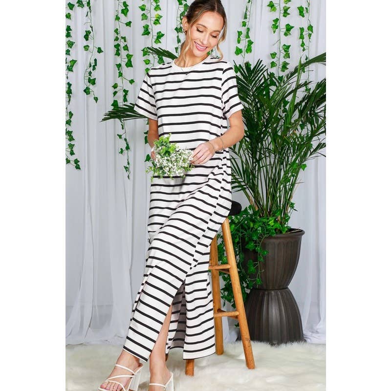 Striped Short Sleeve Maxi Dress with Side Slit