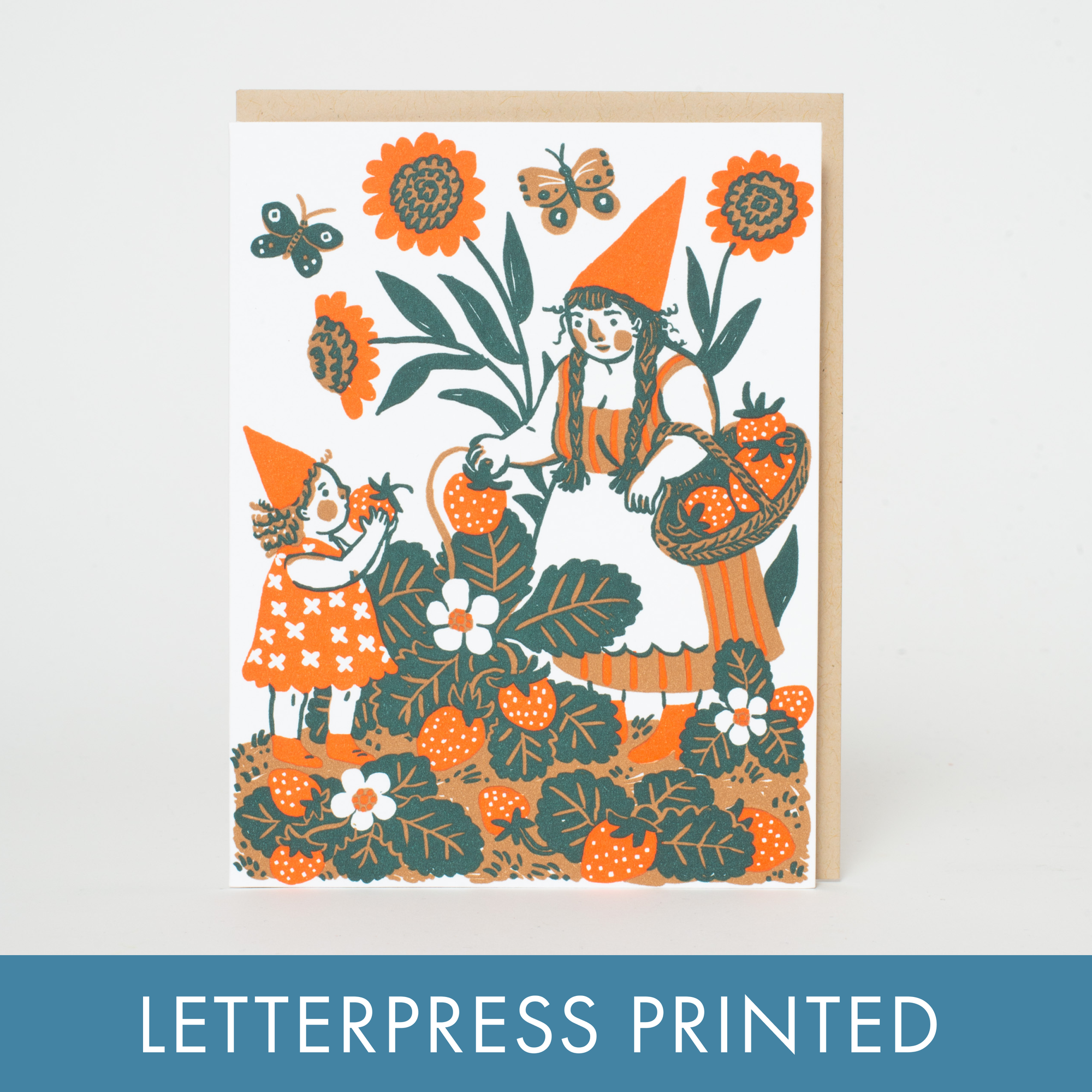 Strawberry Picking Gnome Letterpress Greeting Card by Phoebe Wahl