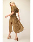 Striped Mandarin Collar Midi Dress with Drawstring