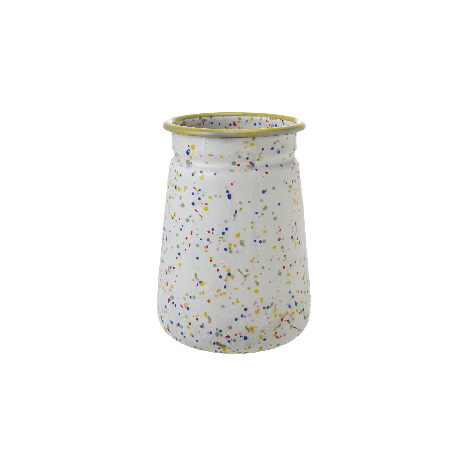 Enameled Metal Splatterware Crock with Yellow Rim