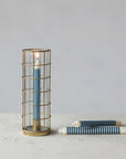 Metal Taper Holder in Metal Cage with Glass Hurricane, Gold Finish