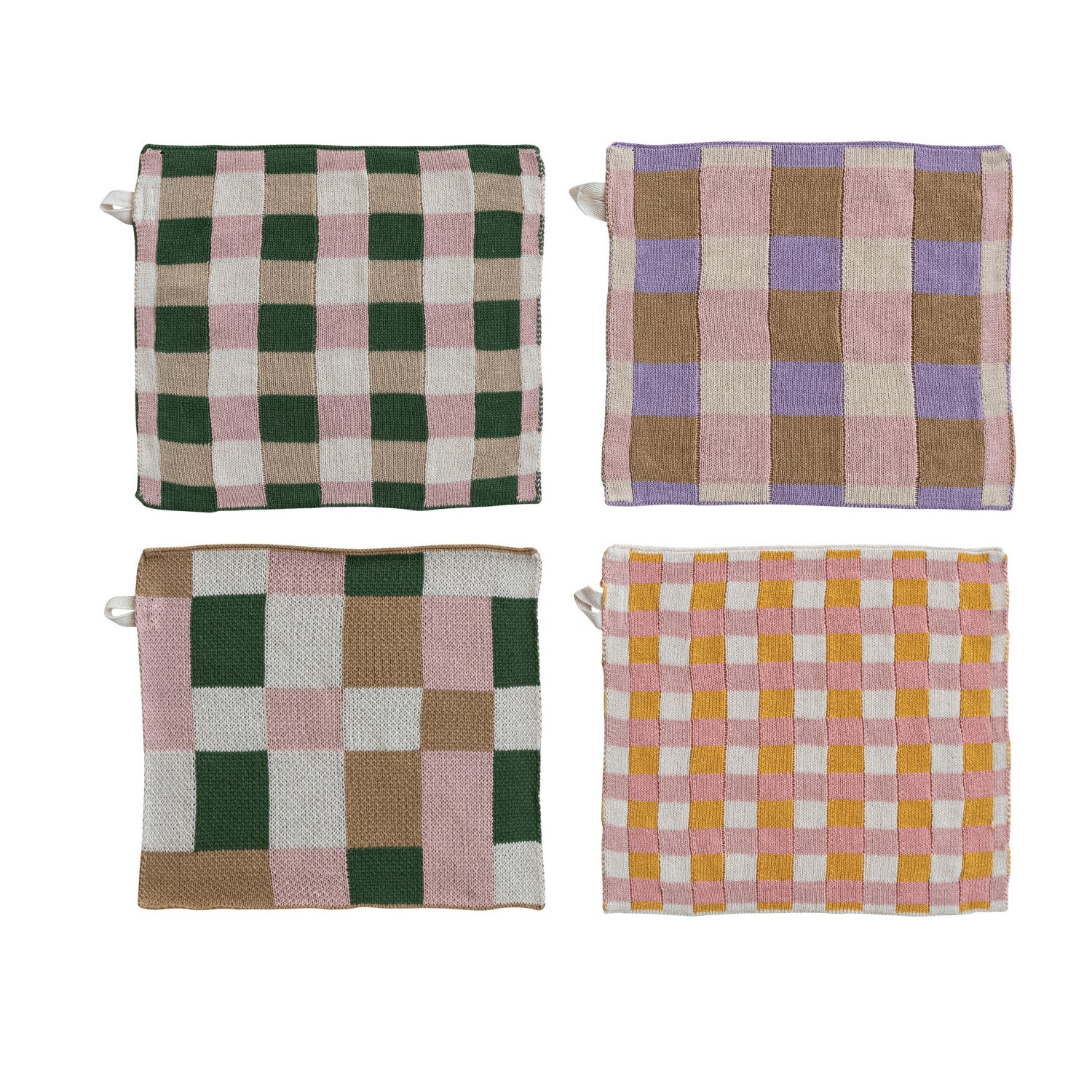 Cotton Knit Dish Cloth with Check/Plaid Pattern, 4 Styles
