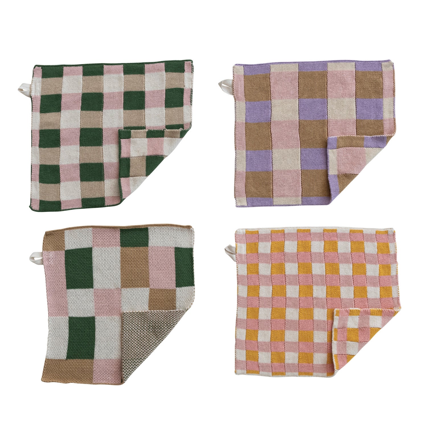Cotton Knit Dish Cloth with Check/Plaid Pattern, 4 Styles