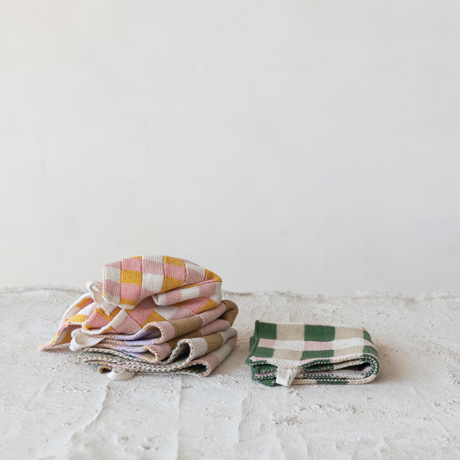 Cotton Knit Dish Cloth with Check/Plaid Pattern, 4 Styles