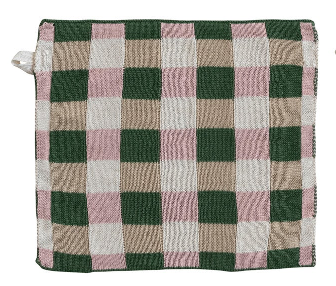 Cotton Knit Dish Cloth with Check/Plaid Pattern, 4 Styles