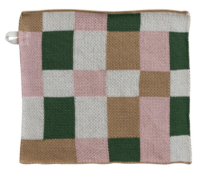 Cotton Knit Dish Cloth with Check/Plaid Pattern, 4 Styles