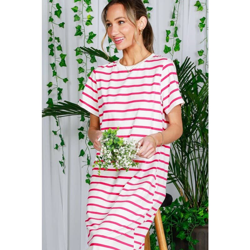 Striped Short Sleeve Maxi Dress with Side Slit