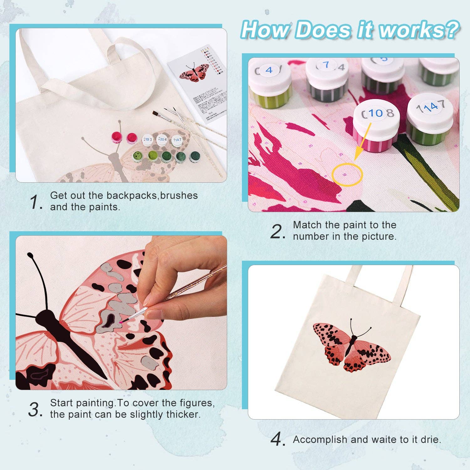 Paint Your Numbers - Blush Flutter Tote – Pink Butterfly Edition Paint by Numbers Kit
