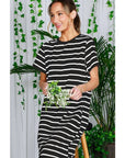Striped Short Sleeve Maxi Dress with Side Slit