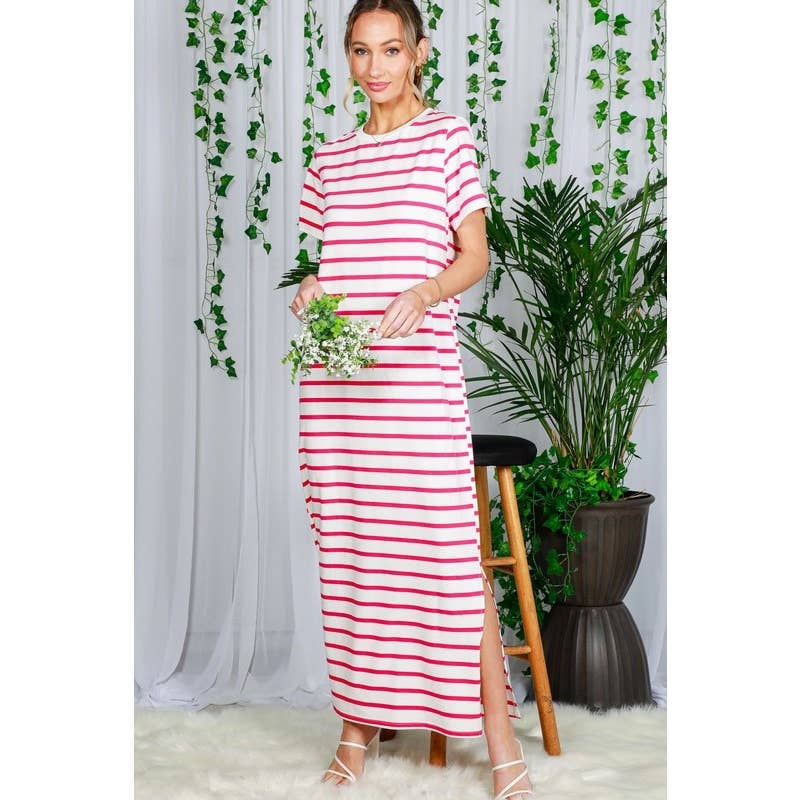Striped Short Sleeve Maxi Dress with Side Slit