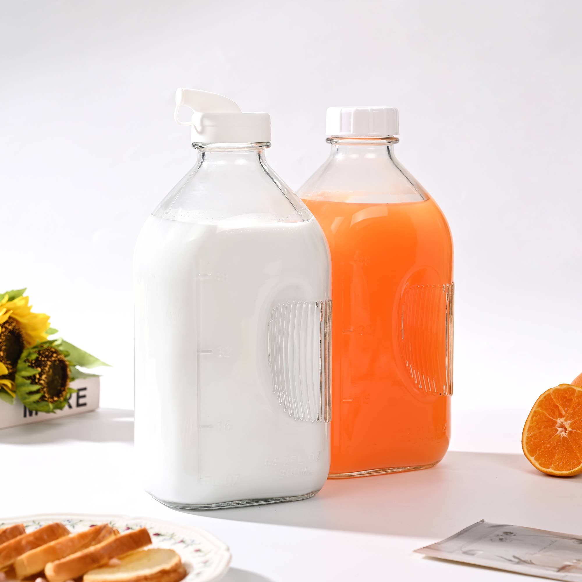 Fox Run Large Glass Milk Bottles, Set of 2 64oz/2 Quart