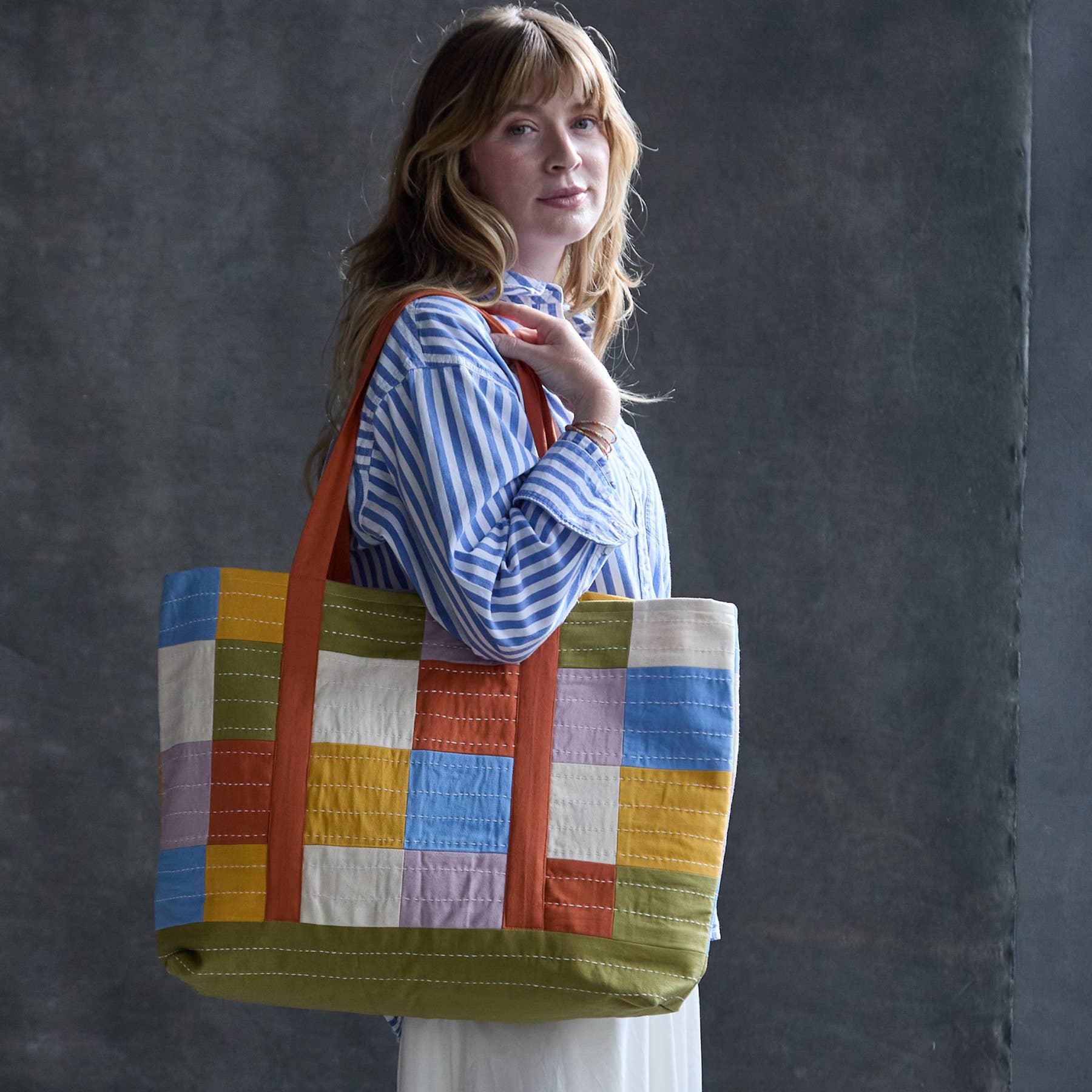 Checkered Canvas Tote Bag - Lilac