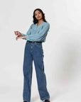 Ladies Half Button Long Sleeve Cotton Blouse